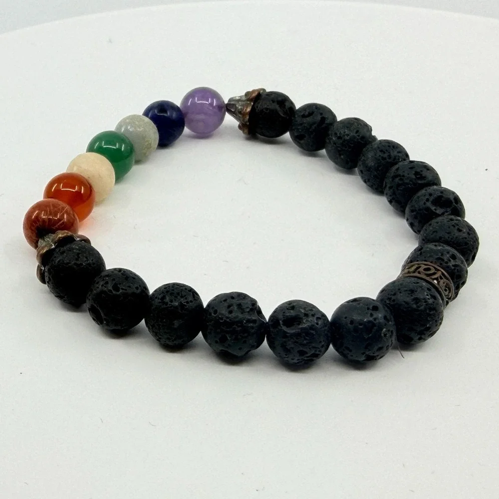 Vintage Bohemian 7 Chakra Lava Rock Stretch Beaded Healing Bracelet 90s